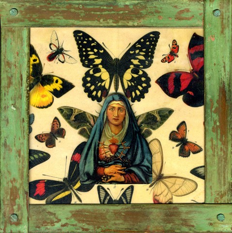 Encaustic Collage of Madonna and icons with antique prints by Flora Calabrese