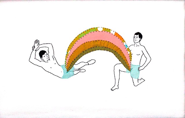 Hand stitched on canvas, two men are exploring their bodies. 