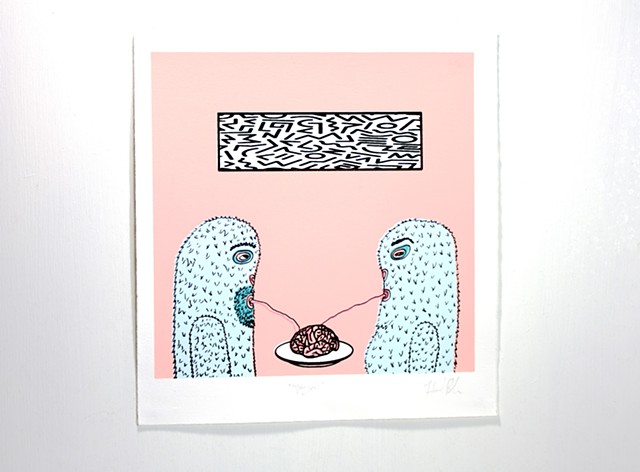 Screenprint of two yetis enjoying a fine meal