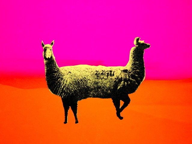 Detail of a screenprint of llamas post nuclear fallout