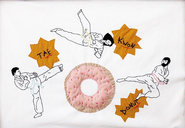 Hand Sewn martial artists attacking a donut