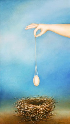 hand, divining, pendulum, egg, string, nest, sky, earth, art, oil painting