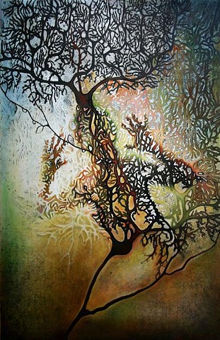 trees, roots, abstracted landscapes, figures, silhouettes, biology, matter, particles, creation, destruction, magic, physics, science, metaphysics, nature