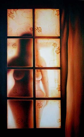 nude, oil painting, window, veil, lace, figurative, self portrait, glow, curtain