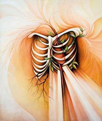 Transformation, oil painting, heart, light, blood, rib cage, bones, vines, roots