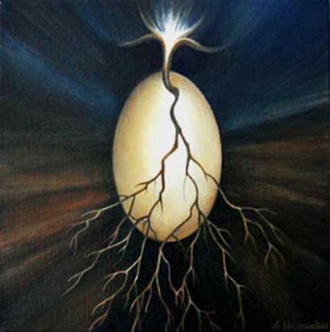 Egg, branch, root, light, flower, rays of light, oil painting, darkness