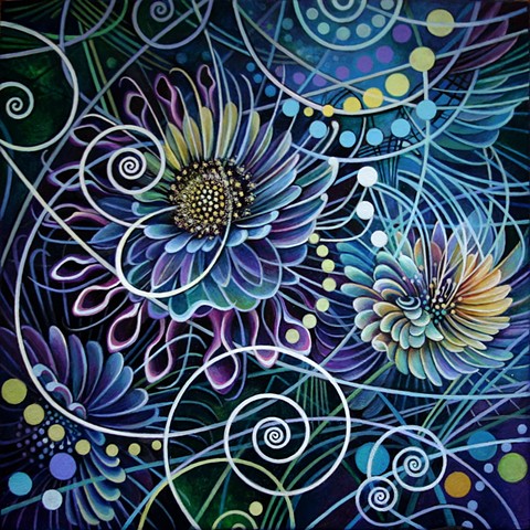 flowers, cosmos, grid, orb, light codes, particle collisions, spirials, dots, circles, purple, blue
