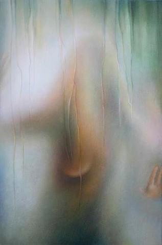  figurative, glow, light, veil, woman, nude, silhouette, hand, breast, oil painting, art