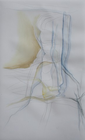 watercolor and oil paint stick on vellum with blue and yellow ochre. Double-sided drawing.