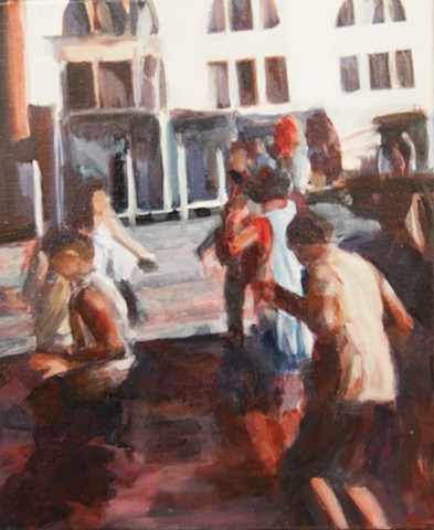 This painting is by Michelle Hyland of people dancing at the Laneway Festival