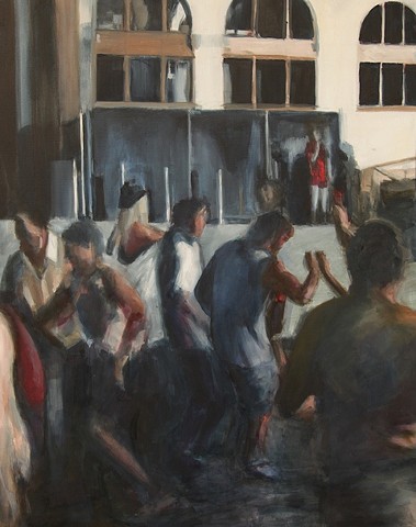 This painting is by Michelle Hyland of people dancing at the Laneway Festival