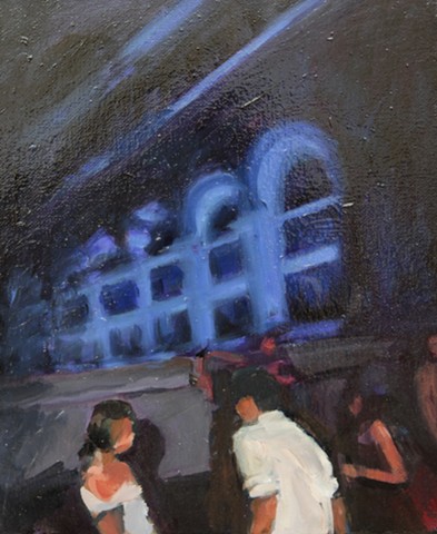 This painting is by Michelle Hyland of people dancing at the Laneway Festival