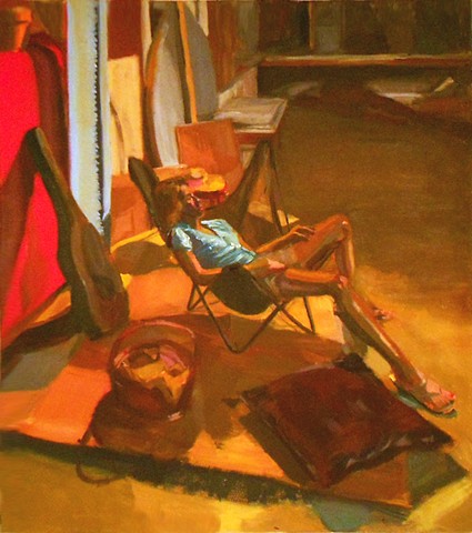 Female in Butterfly Chair. Oil on Canvas. May 2010. Portrait. Flip Flops Sandals. Pedicure. Guitar Case. Basket. Pillow. Interior.