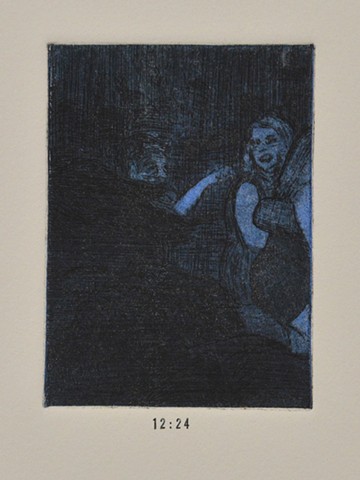 Girls Night Out Suite. 12:24. 12:24pm. Etching and Aquatint. Intaglio Print. December 2012.