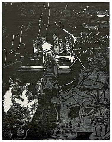 Grey, Black and White Reductive Woodcut showing a Female turned away from a male with a flower crown, pick-up trucks at a used car dealership in the deep background, and a one-eyed calico Cat in the bottom left foreground and a scene of blues dancing in t