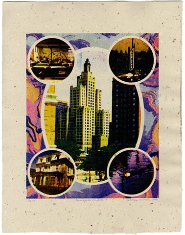 An image of a lithograph print of the Superman Building in Providence Rhode Island inside an oval with 4 other images in circles in each corner with a dotted blue and magenta marbled background. The print is on a speckled off-white paper.