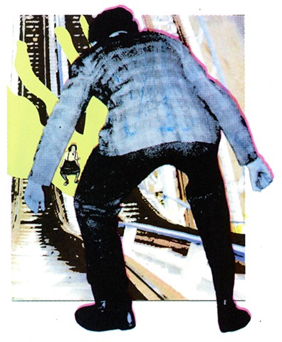 CMYK screenprint of large backside of a man in a plaid jacket slightly sqatting with tiny female squatting in a skirt with suspenders in front of a wooden roller coaster background with free floating color shapes
