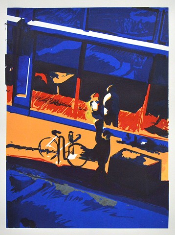 Street Saxaphonist. 15x22.25". Screenprint. Serigraph. 2012. by Catherine Cole. bicycle. windows, pedestrians, sidewalk, curb, curbside, musician, reflection, blue, red, orange, black, white, print, printmaking, art, artwork, artist