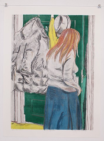 "Face to Face". 21" x 15" on 24" x 17 ¾". Woodcut and Lithograph print on Coventry Rag 2013 by Catherine Cole. Print, printmaking, art, artwork, red hair, puffy coat, black jacket, green door, blue skirt, fedora, life model, RISD Rhode Island School of De