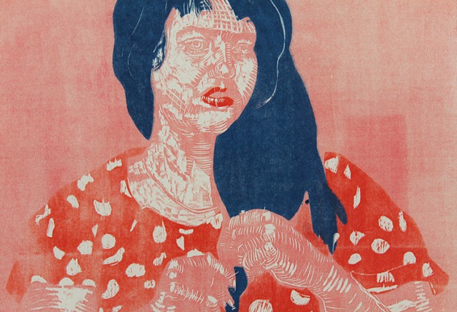 Ivy (Detail). 23 ¾" x 23 ¾"  on 38 ¼” x 31.5" Okawara paper. Woodcut. 2013. Catherine Cole. print, printmaking, woodcut, carve, carving, blue hair, polka dots, pink background, red lips, RISD, Rhode Island School of Design, graduate student, grad student,