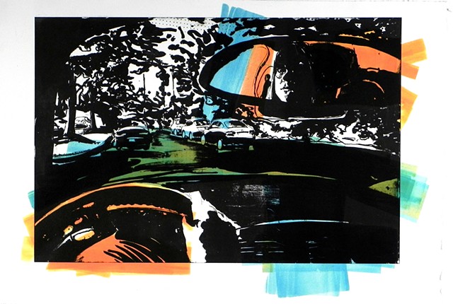 Self Portrait in Car. 22.25 x 15". Pronto Plate Lithograph. October 2011