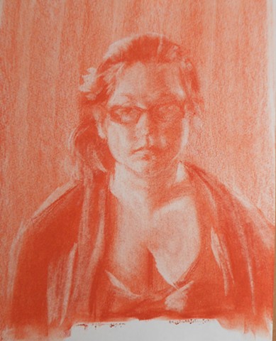 Self Portrait. 8.5 x 11". Conté Crayon. January 2012. Portrait by Catherine Cole, sketch, orange, tone, 