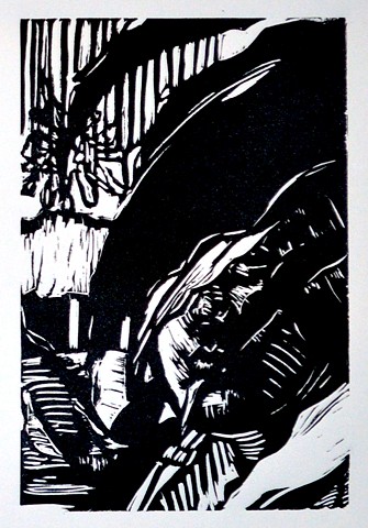 Self Portrait: Are Those Overalls?. Linocut. October 2012. Catherine Cole. Print, printmaking, carve, carved, relief, black and white, mark, marks, mark making, stripes, hatching, RISD, art, artwork, artist