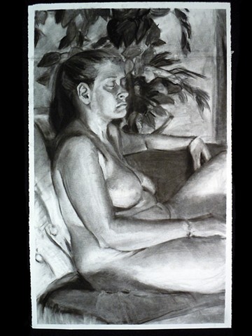 Stephanie. 25.5 x 29". Charcoal. January 2011. by Catherine Cole. blakc and white. arm, ponytail, leaves, 