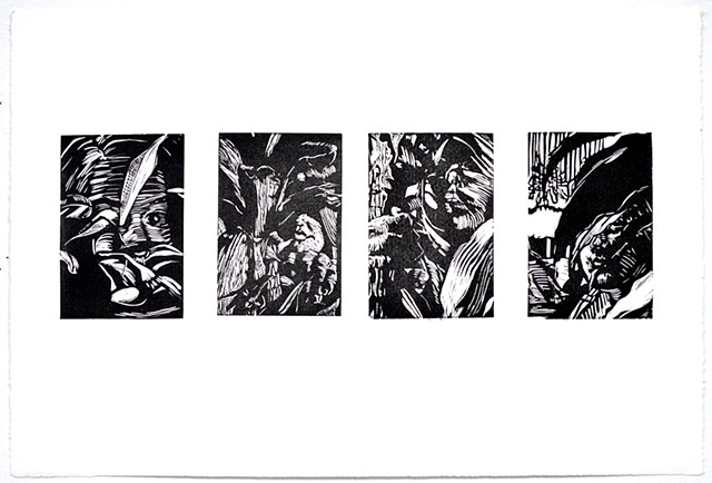 In the Trees Quadriptych. Linocut. November 2012. by Catherine Cole. four prints, print, printmaking, self-portraits, relief, leaves, plants, trees, fingers, eyes, lips, mouth, 