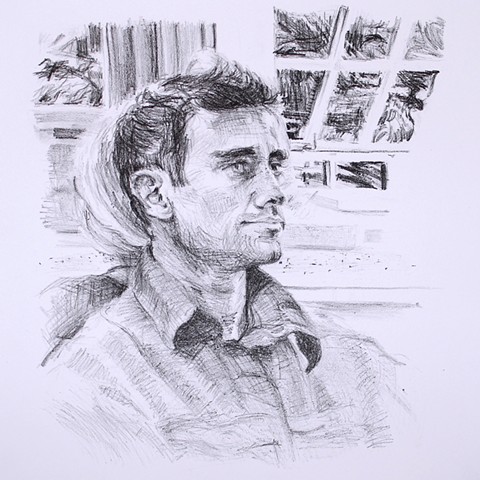 Justin Lithograph October 2013. by Catherine Cole. print, printmaking, black and white, portrait, male, shirt collar, window, drawing, crayon, crayon lithography, art, artwork, artist, printmaker, RISD, Rhode Island School of Design, MFA