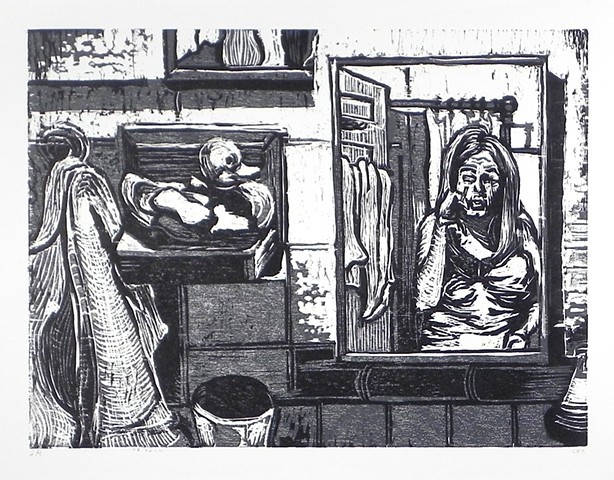 Morning Routine. 22.5 x 15". Reductive Woodcut. Relief Print. October 2009. 
