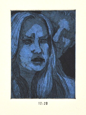 Girls Night Out Suite. 12:20. 12:20pm. Etching and Aquatint. Intaglio Print. December 2012. Self Portrait. Catherine Cole. 