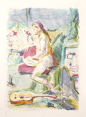 Seated with Lilies Guitar Pink Towel November 2013 14¼" x 10¼" Lithograph Print Coventry Rag paper by Catherine Cole. Print. Printmaking. Art. Artist. Artwork Nude, nude female, lily, colorful mark, mark-making, guitar, guitar case RISD Rhode Island Schoo