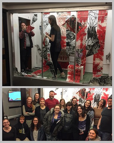 “Printstallation” workshop at Western Washington University. Collaborated with a 2D Design class to create a window installation full of printed banners and hanging objects.