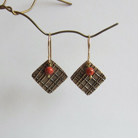 Golden Squares with Red  Jasper earrings