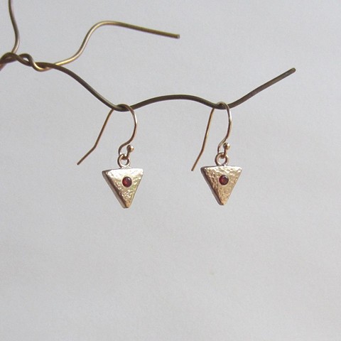 Tiny Golden Triangles with Red CZ earrings