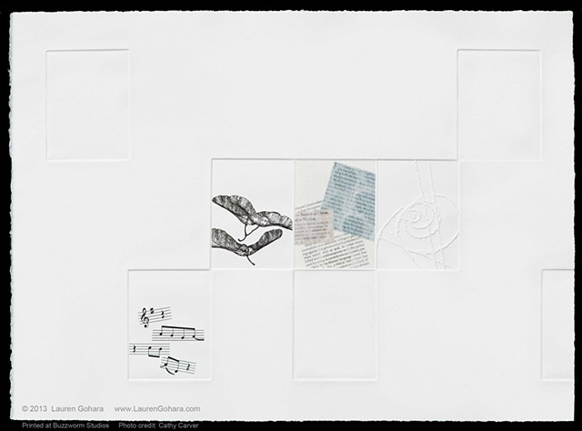 intaglio print using chine collé and etched plates with music, newspaper clippings, particle physics tracks, and seeds on Somerset paper by Lauren Gohara