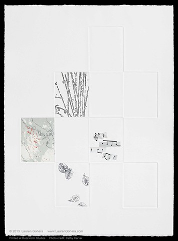 intaglio print with chine collé, fires in Indonesian rainforests, musical notation, particle physics tracks, and seeds by Lauren Gohara