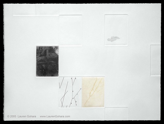 intaglio print using chine colle and etched plates with abstract landscape, particle physics tracks, and feather by Lauren Gohara