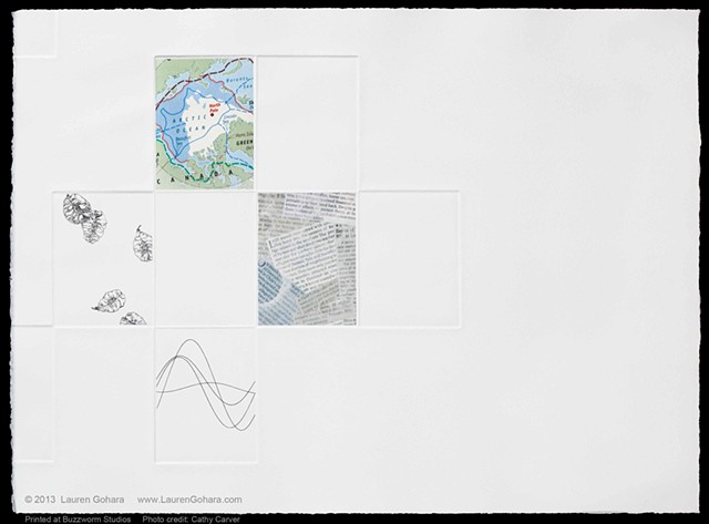 Intaglio print with chine colle, sine waves, news clippings, shrinking Arctic ice sheet, and seeds by Lauren Gohara
