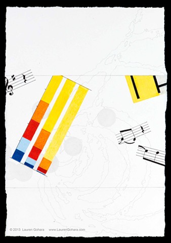 drawing of inequality in the U.S., Mondrian, music, particle physics tracks, and dots by Lauren Gohara