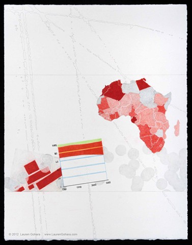 drawing of middle class in Africa, Malevich, particle physics tracks, and dots by Lauren Gohara