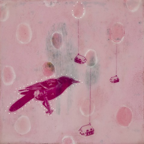 encaustic painting- pink birds with houses