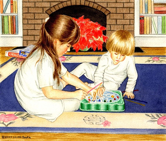 Two children playing quiet game on rug.