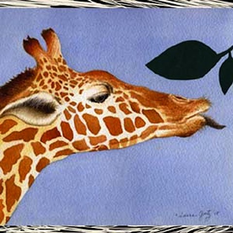 Laura Goetz bold color illustration of 1 Giraffe reaching for leaves, counting Board Book.