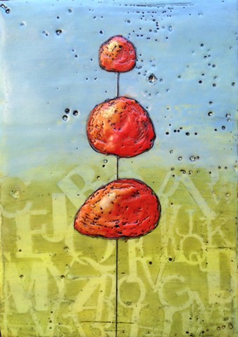 Encaustic painting of a whimsical topiary by Virginia Parks - Red Topiary #6