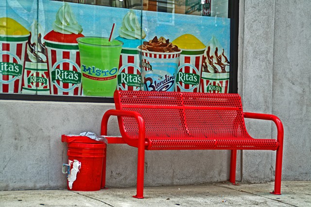 Lanier's Red Bucket with Rita's Red Bench