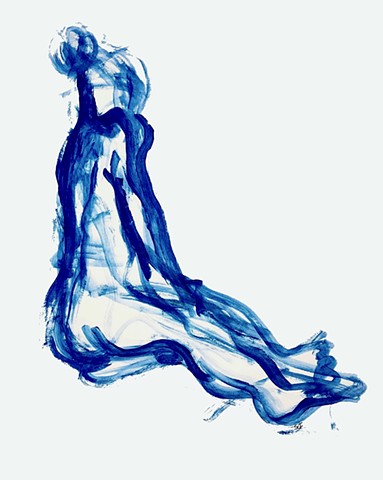 Simple basic nude woman figure painting in blue