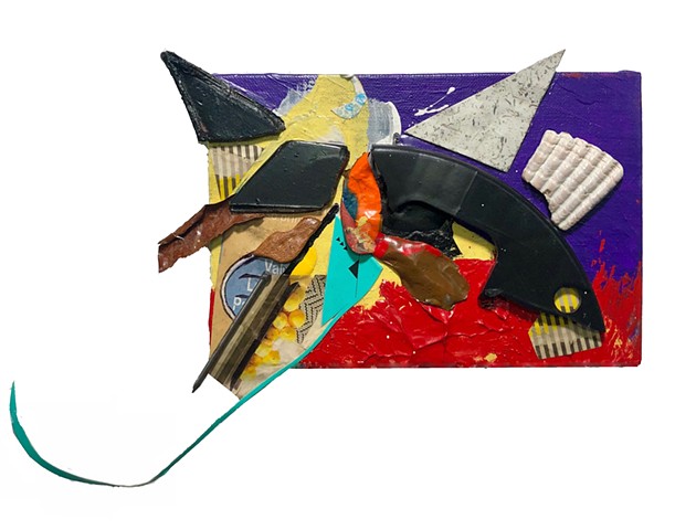 A fish painting by Steven Tannenbaum, this semi abstract piece uses various found objects from the beach to create a swimming fish