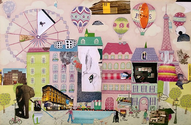 A collage painting by Steven Tannenbaum, this piece uses paper and found objects on top of a painting of Paris to create a surreal land where there are no boundaries - elephants, trains, and eyes abound.